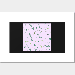 Green leaves floral pattern - lilac background Posters and Art